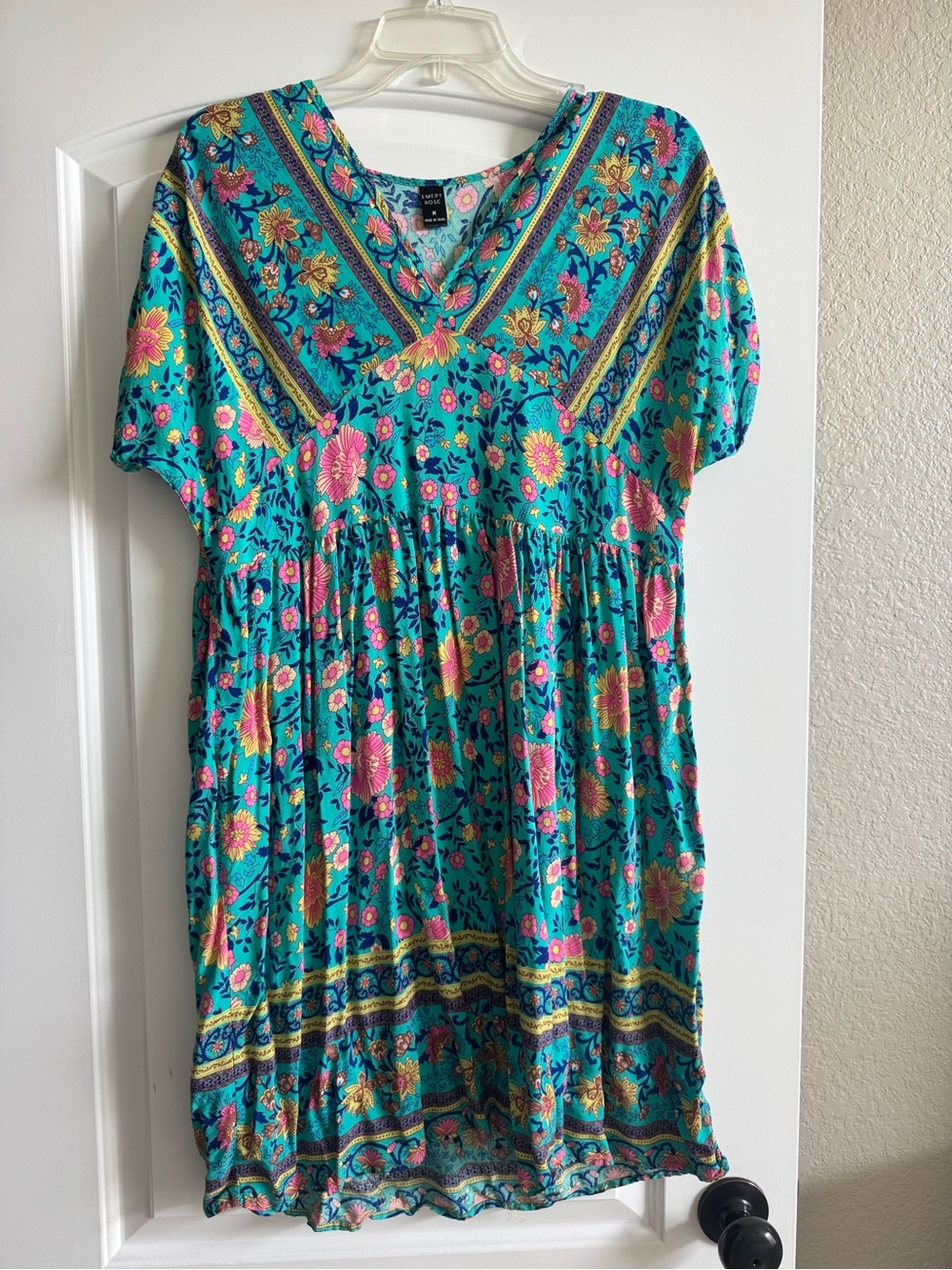 Turquoise Floral V-Neck Short Sleeve Dress